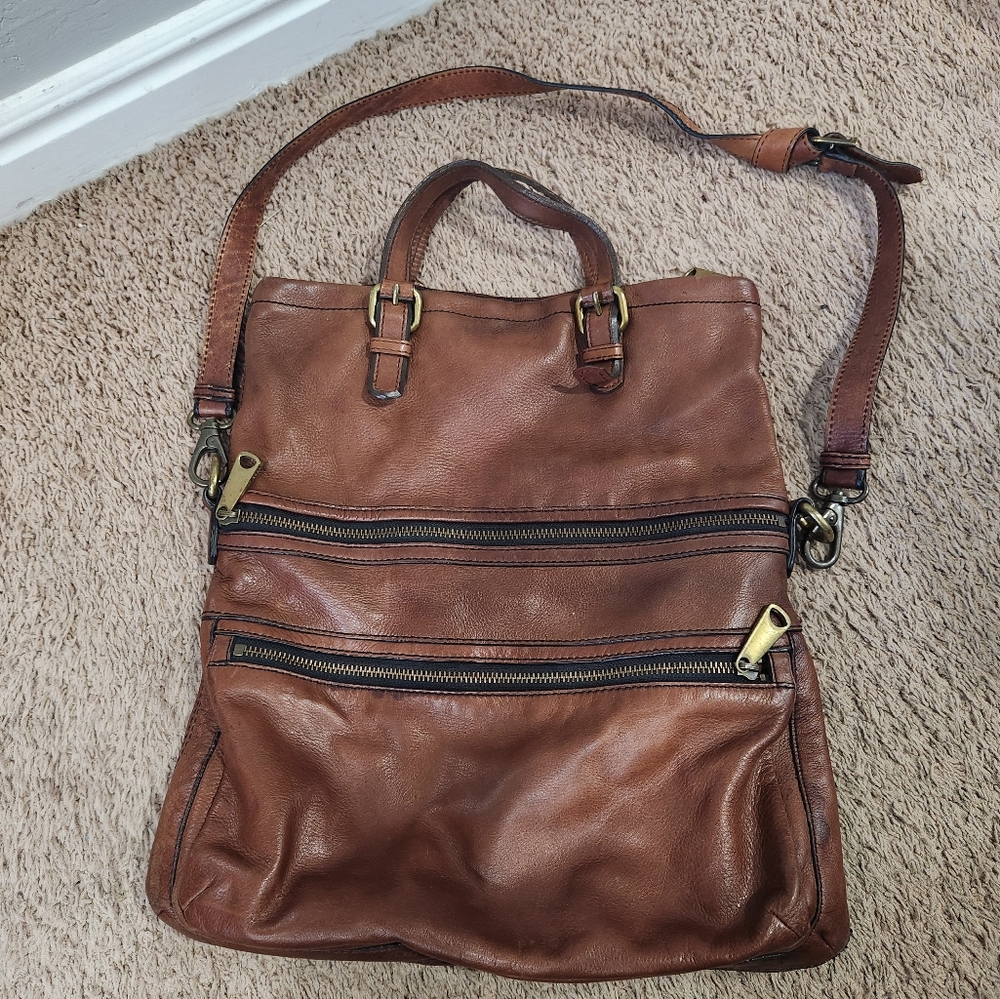 Fossil brown leather Multi zipper Crossbody bag.